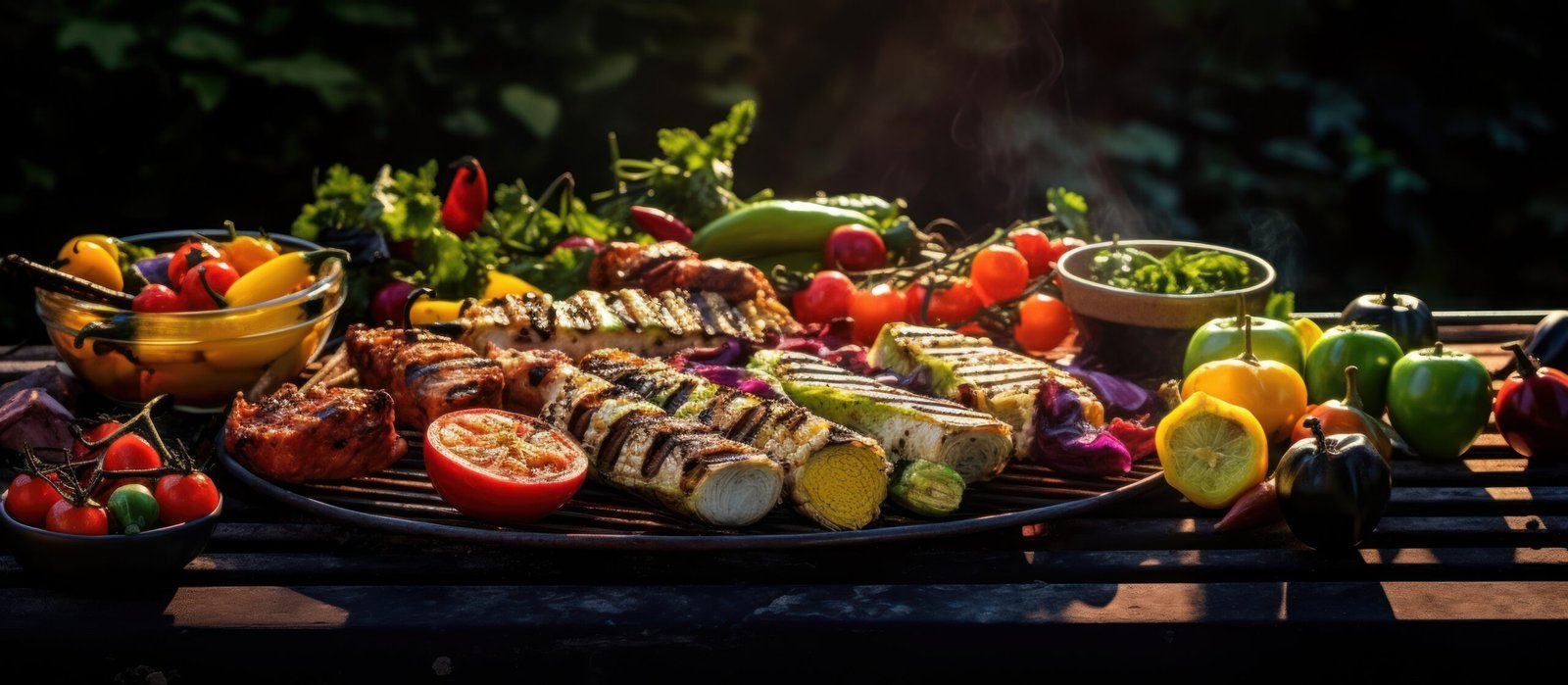 Vegetarian barbecue and assorted dishes.